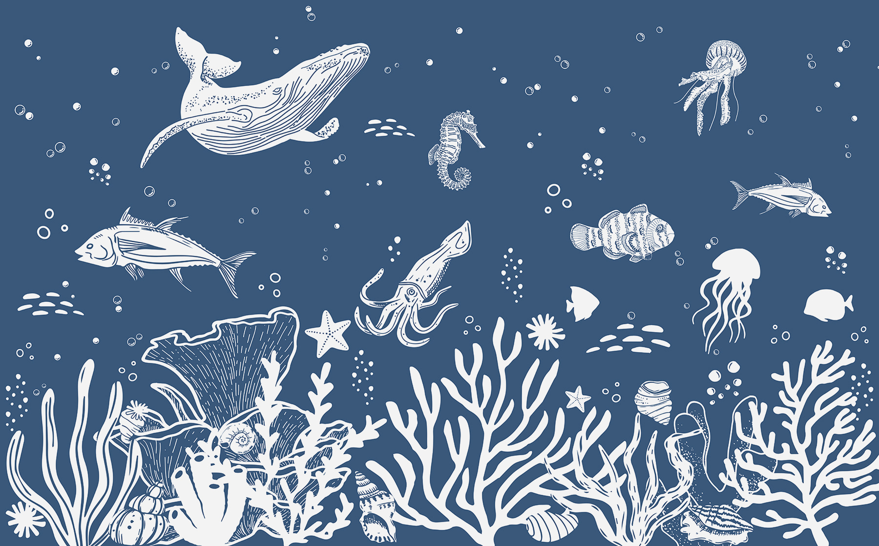 A white outline of sea animals