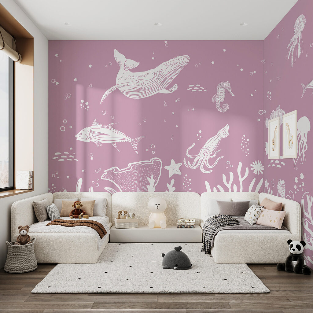 A white outline of sea animals