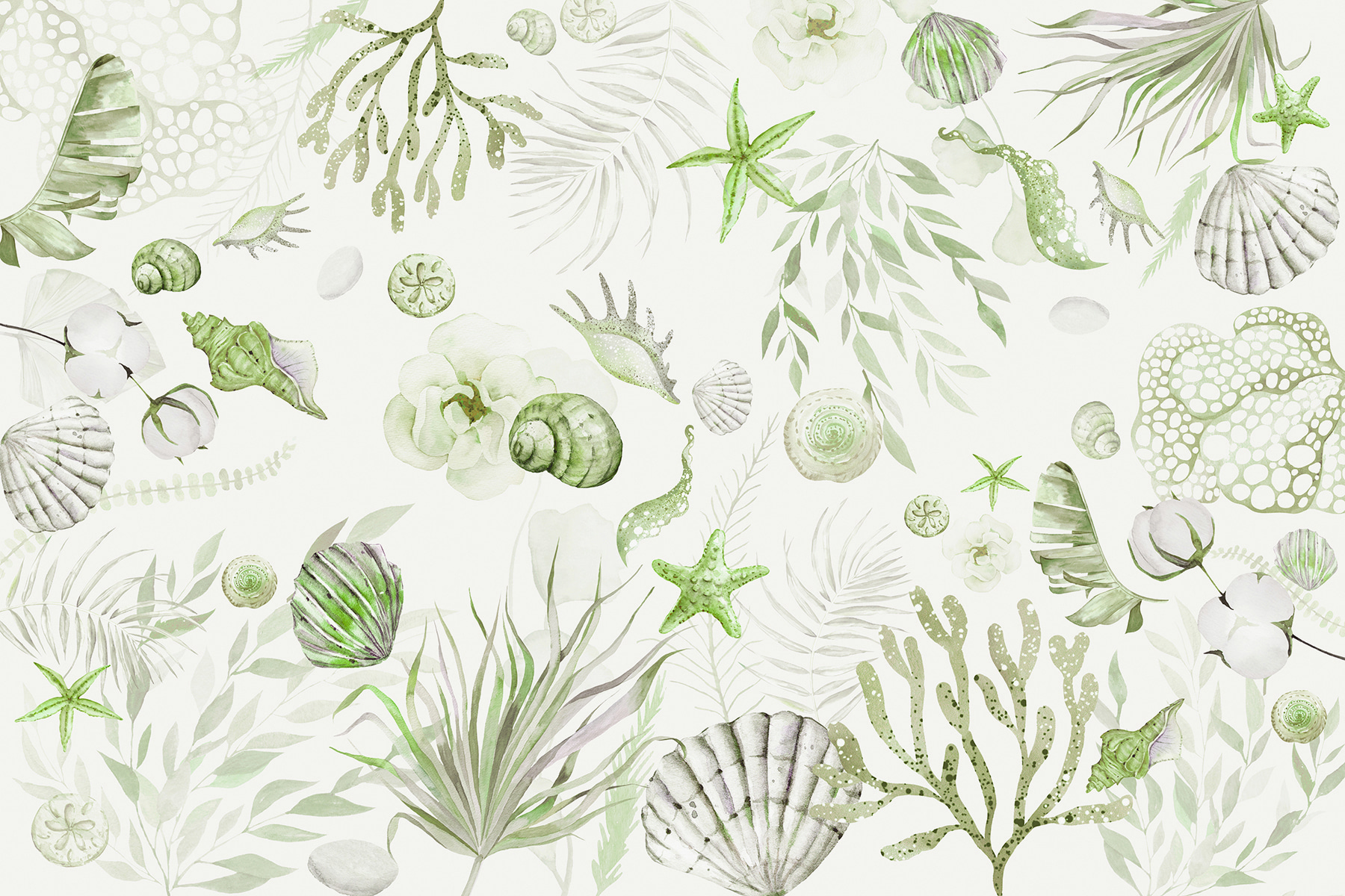 A watercolor sea creatures and plants