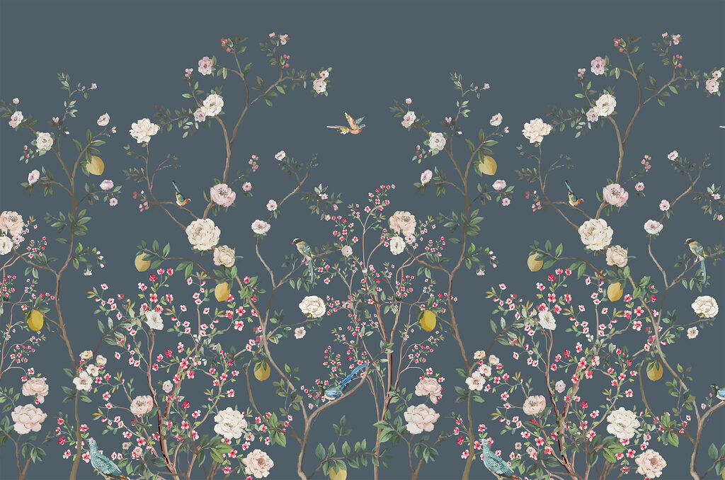 Um papel de parede com flores e pássaros Um papel de parede com flores e pássaros