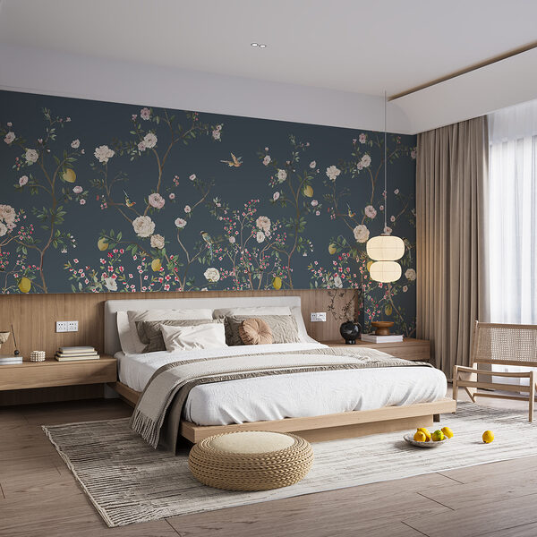 Um papel de parede com flores e pássaros Um papel de parede com flores e pássaros