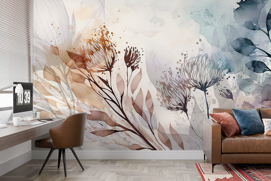 Uma pintura a aguarela de flores e folhas