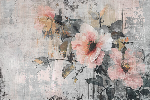 Uma pintura de flores numa parede Uma pintura de flores numa parede