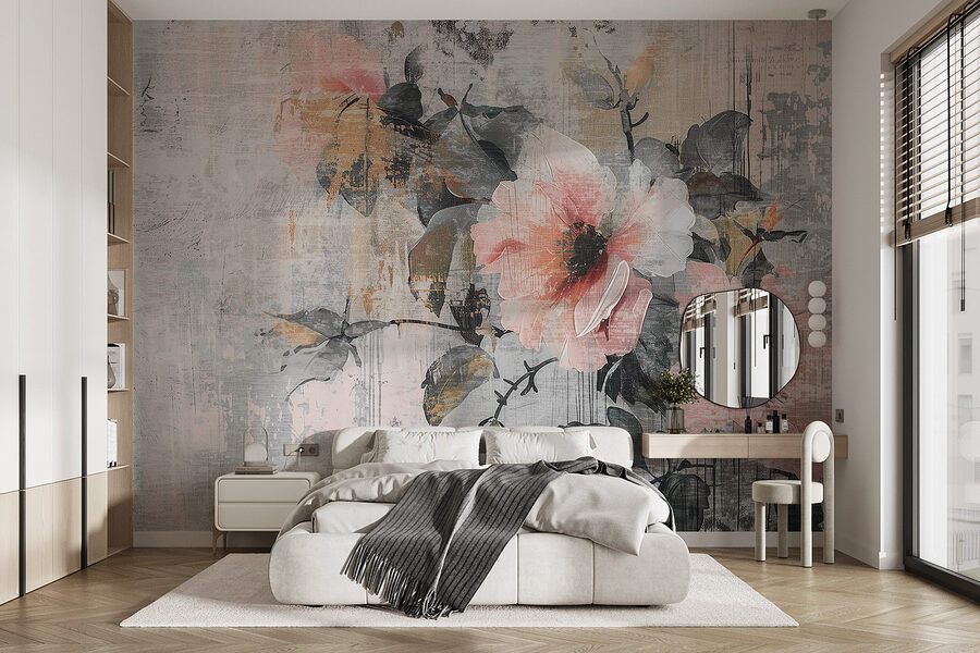 Uma pintura de flores numa parede Uma pintura de flores numa parede