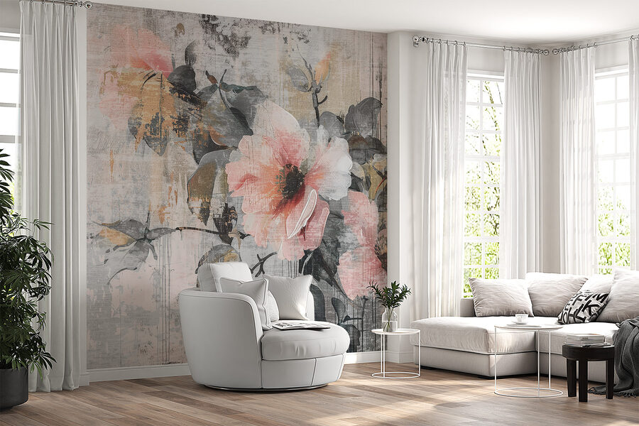 Uma pintura de flores numa parede Uma pintura de flores numa parede