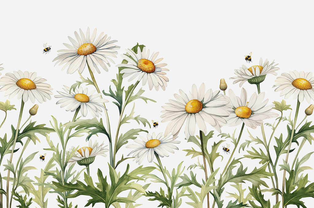 Um grupo de flores brancas com centros amarelos e folhas verdes Um grupo de flores brancas com centros amarelos e folhas verdes