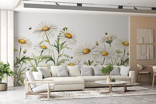 Um grupo de flores brancas com centros amarelos e folhas verdes Um grupo de flores brancas com centros amarelos e folhas verdes