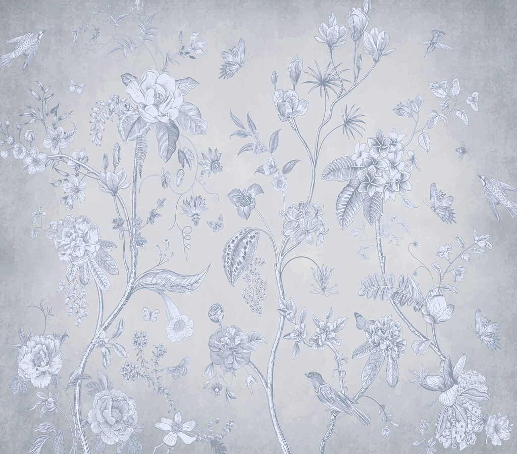 Um papel de parede com flores e pássaros Um papel de parede com flores e pássaros
