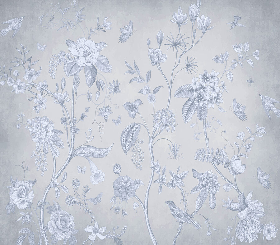 Um papel de parede com flores e pássaros Um papel de parede com flores e pássaros