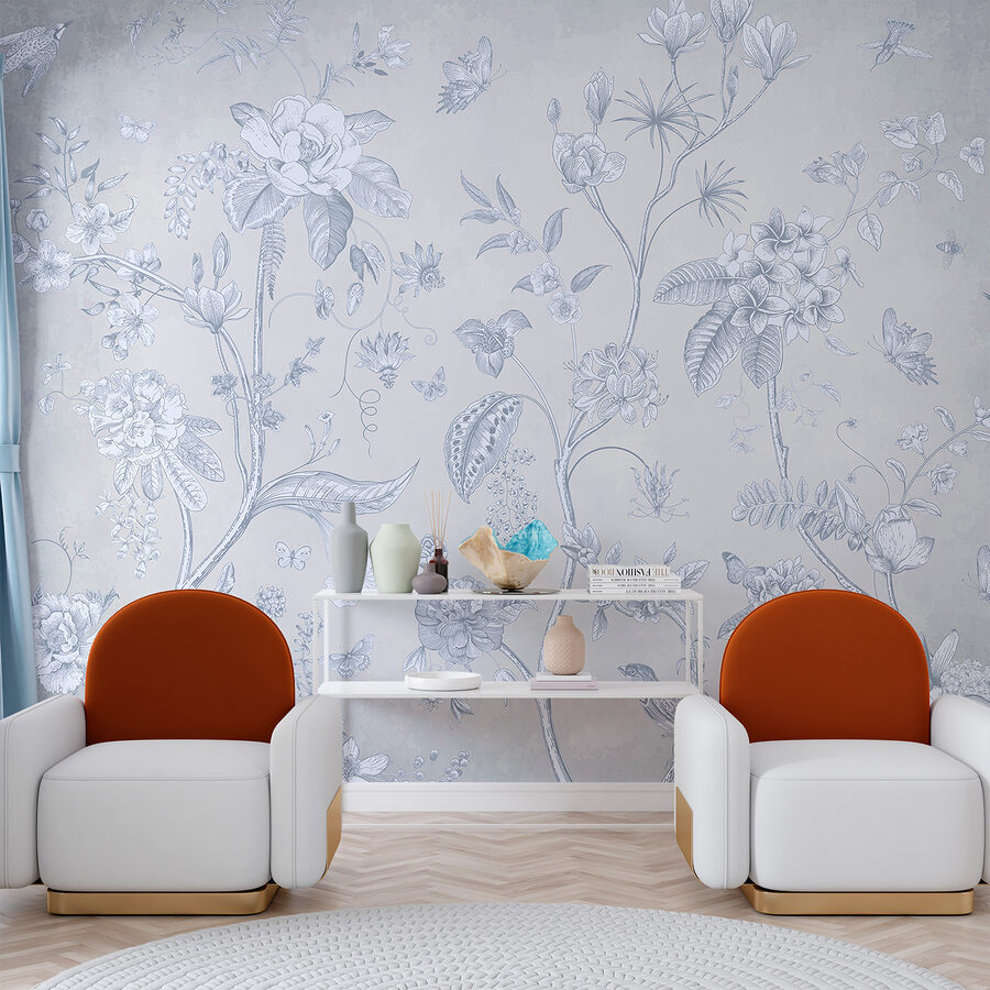 Um papel de parede com flores e pássaros Um papel de parede com flores e pássaros