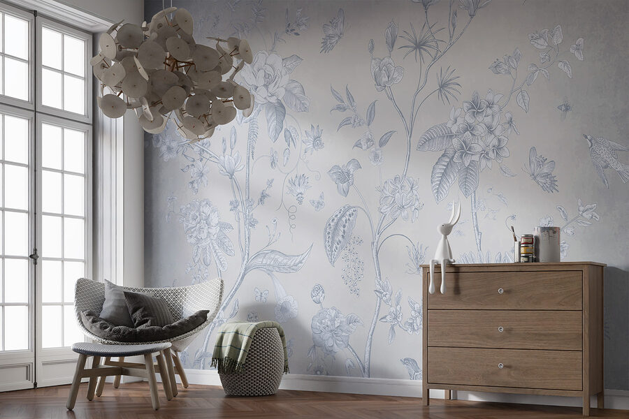 Um papel de parede com flores e pássaros Um papel de parede com flores e pássaros