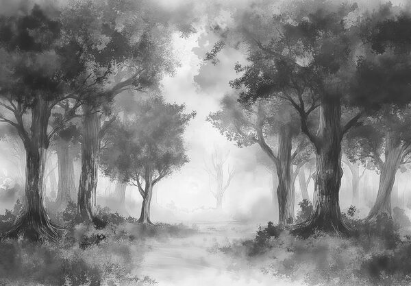Uma imagem a preto e branco de uma floresta Uma imagem a preto e branco de uma floresta
