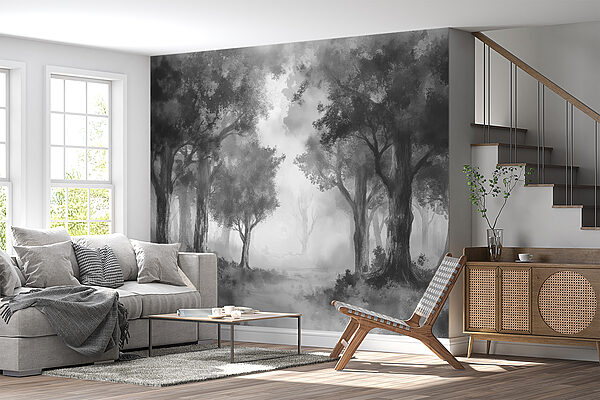 Uma imagem a preto e branco de uma floresta Uma imagem a preto e branco de uma floresta