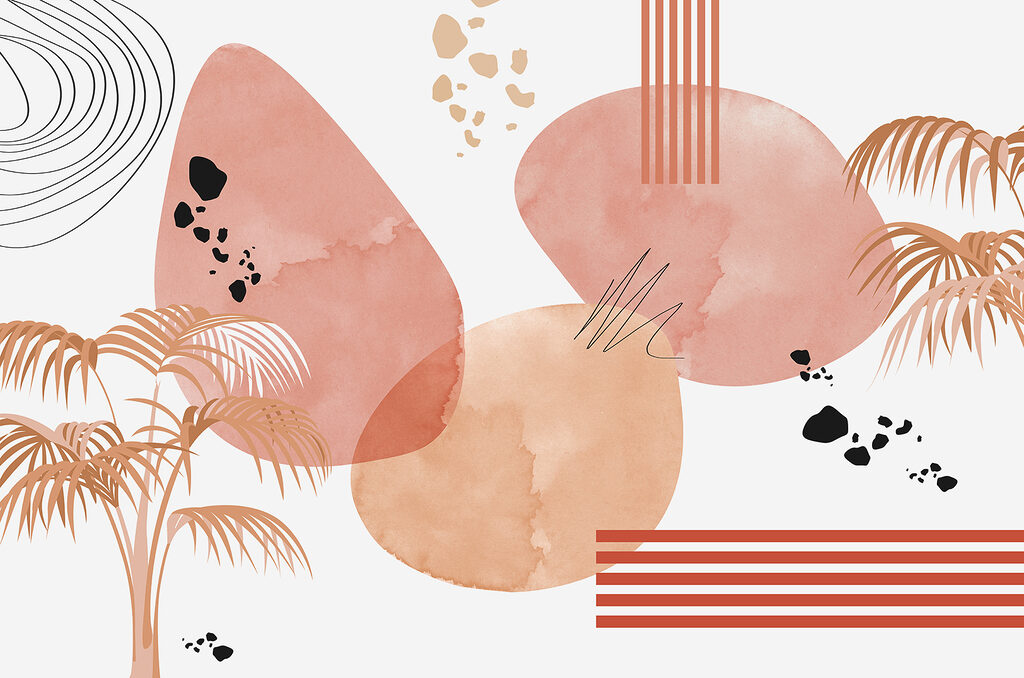 A art of pink and black circles and a palm tree