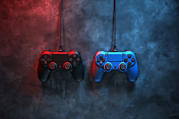 Um comando de videojogos azul e vermelho Um comando de videojogos azul e vermelho