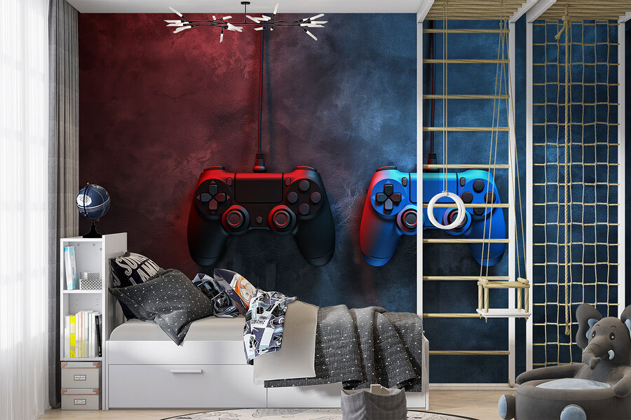 Um comando de videojogos azul e vermelho Um comando de videojogos azul e vermelho