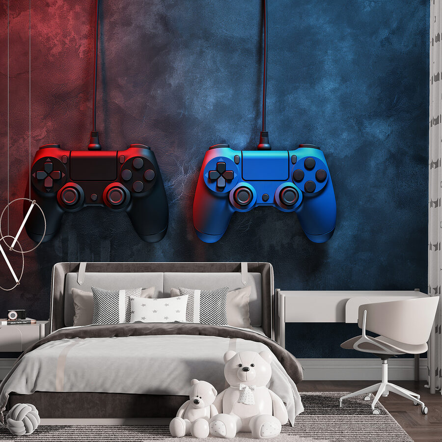 Um comando de videojogos azul e vermelho Um comando de videojogos azul e vermelho