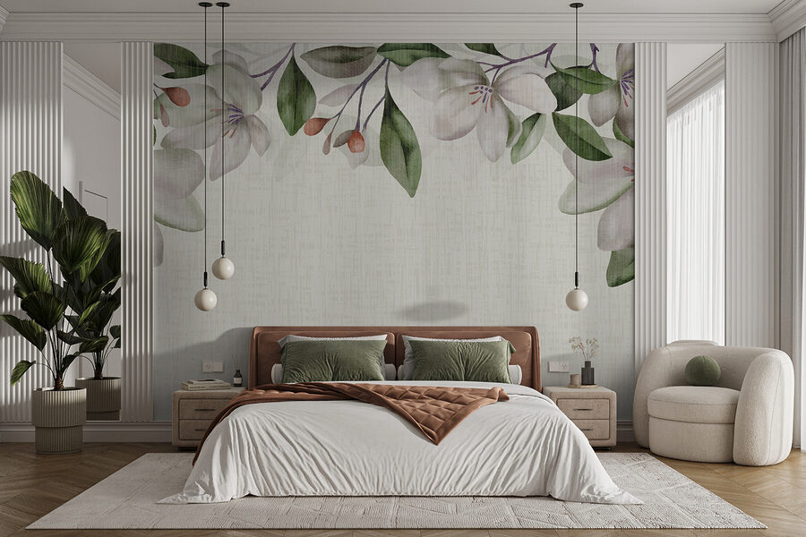 Papel de parede Flores brancas e folhas verdes