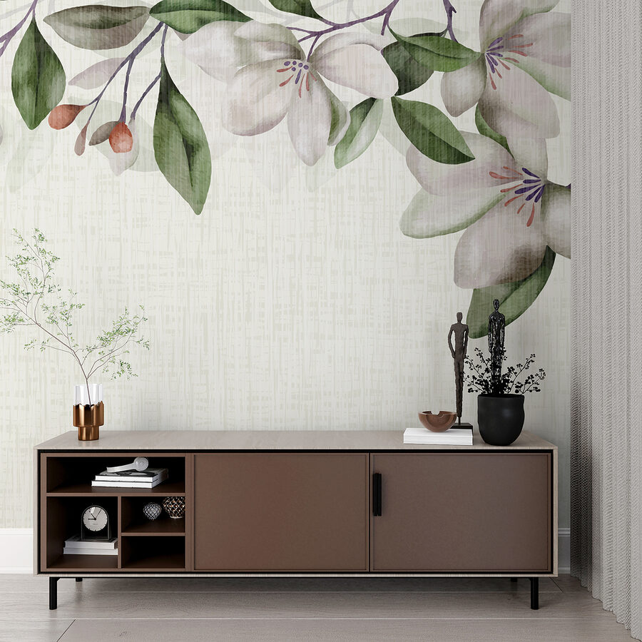 Papel de parede Flores brancas e folhas verdes - Image 2