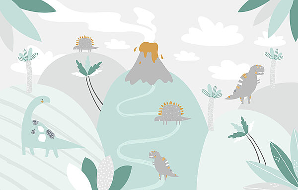 Um dinossauro de banda desenhada com um vulcão e plantas Um dinossauro de banda desenhada com um vulcão e plantas