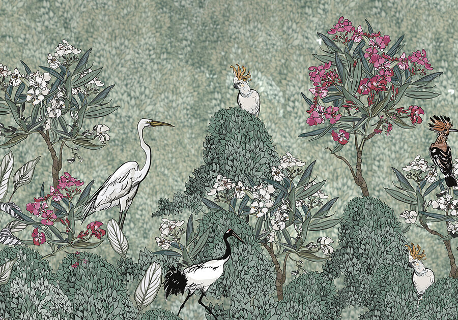 Uma pintura de pássaros e flores
