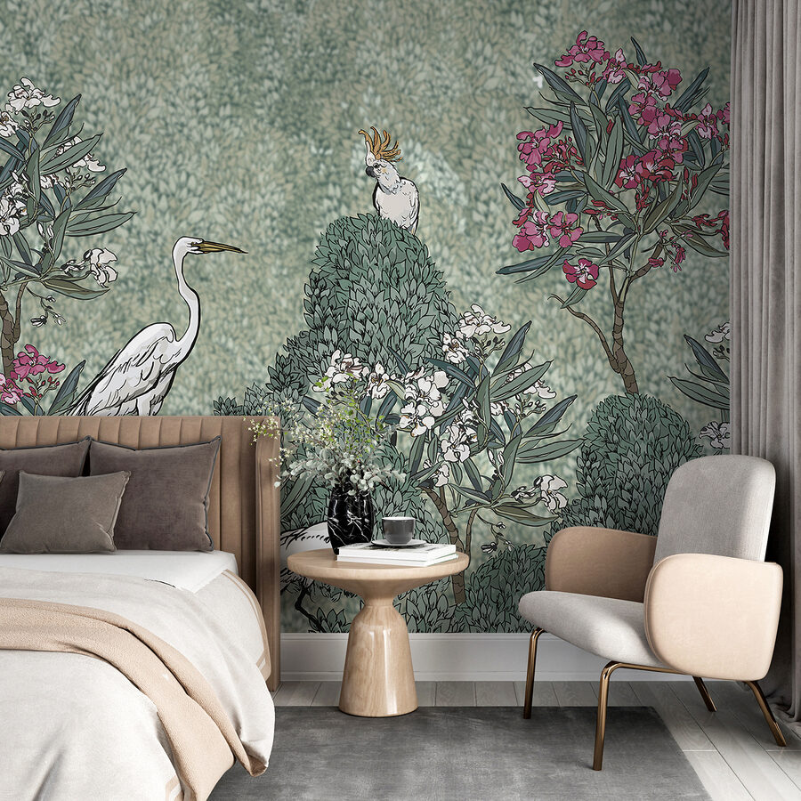 Uma pintura de pássaros e flores
