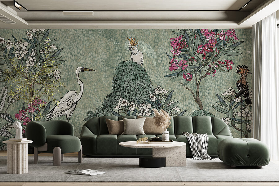 Uma pintura de pássaros e flores