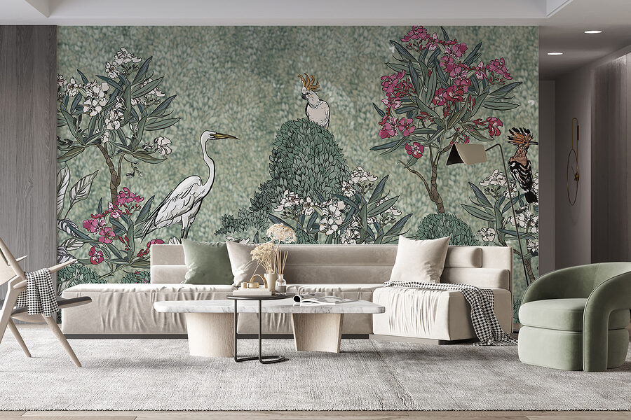 Uma pintura de pássaros e flores
