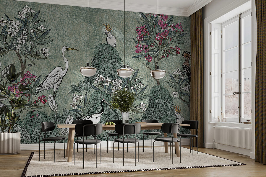 Uma pintura de pássaros e flores
