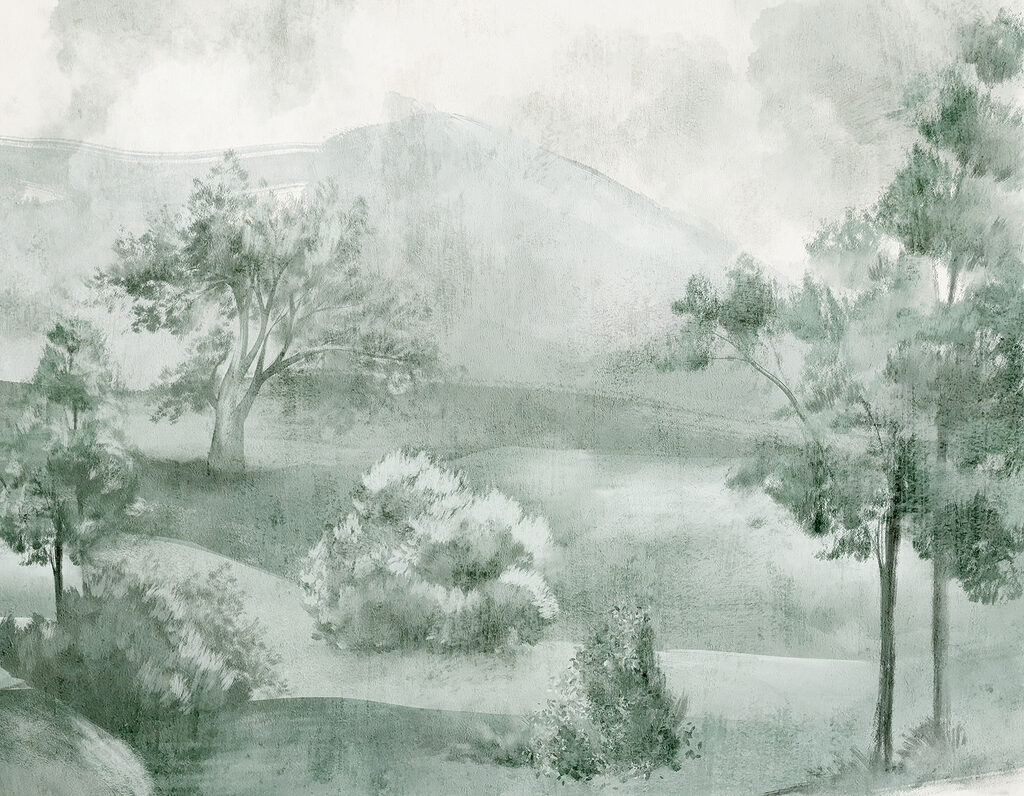Uma paisagem com árvores e montanhas Uma paisagem com árvores e montanhas
