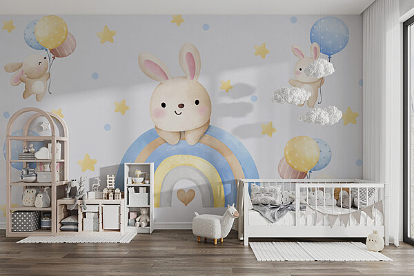 Papel de parede Um coelhinho de desenhos animados num arco-íris