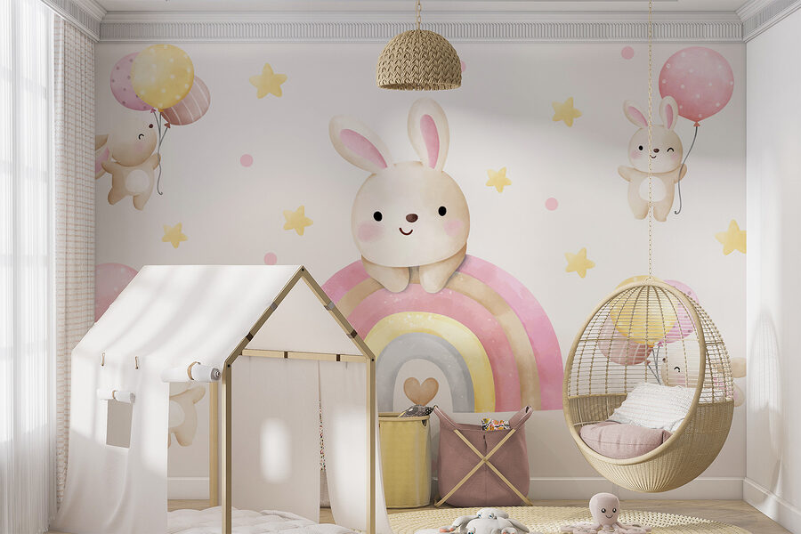 Papel de parede Um coelhinho de desenhos animados num arco-íris