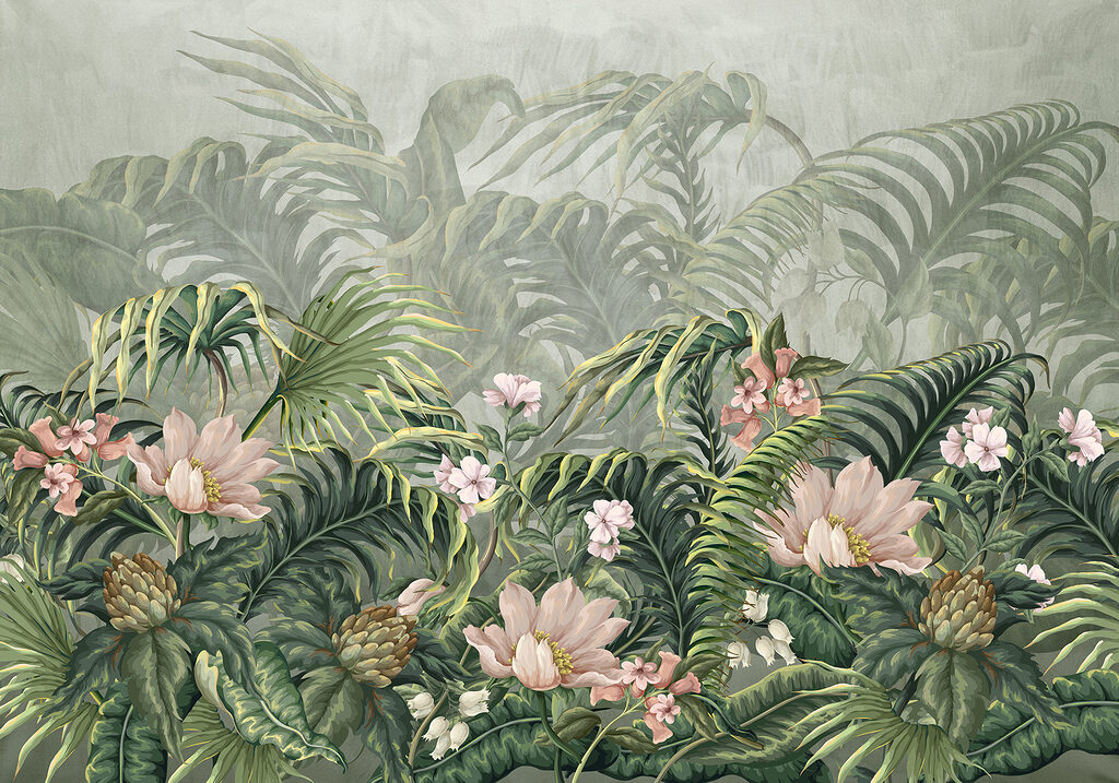 Um papel de parede com flores e folhas Um papel de parede com flores e folhas