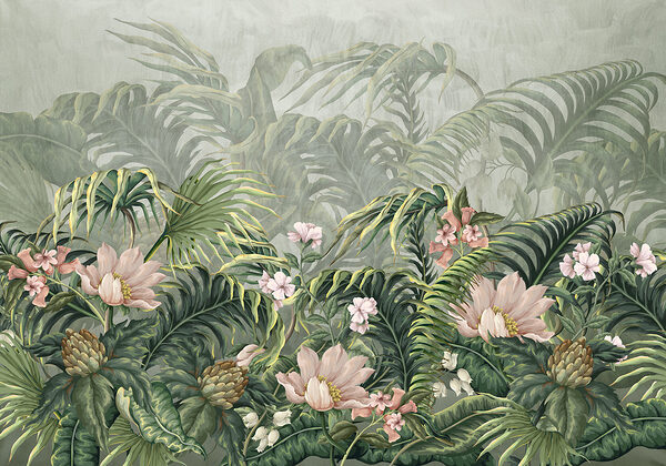 Um papel de parede com flores e folhas Um papel de parede com flores e folhas