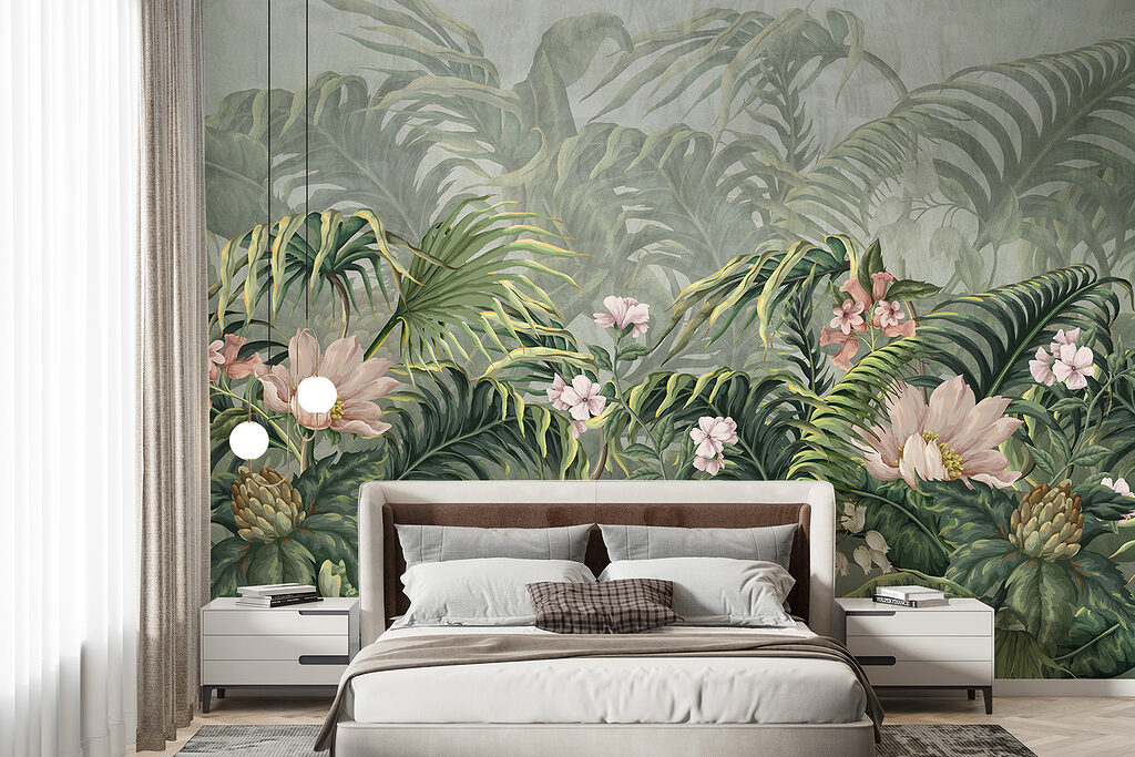 A wallpaper with flowers and leaves A wallpaper with flowers and leaves