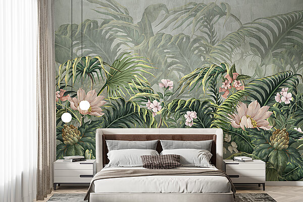 Um papel de parede com flores e folhas Um papel de parede com flores e folhas