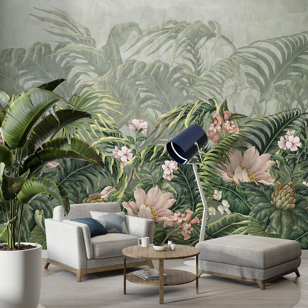 A wallpaper with flowers and leaves A wallpaper with flowers and leaves