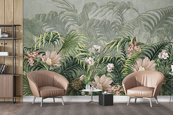 Um papel de parede com flores e folhas Um papel de parede com flores e folhas