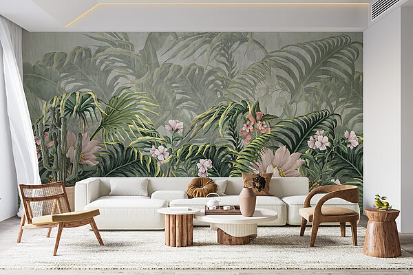 Um papel de parede com flores e folhas Um papel de parede com flores e folhas