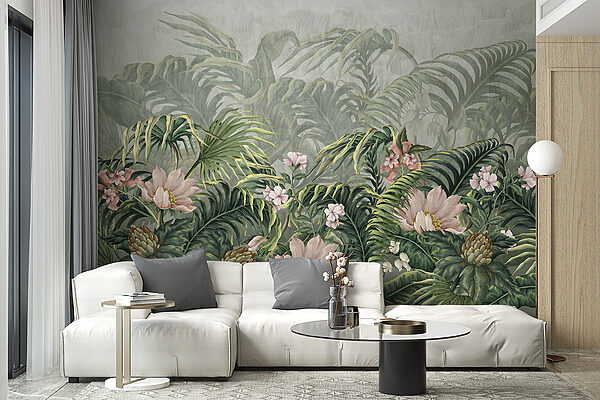 Um papel de parede com flores e folhas Um papel de parede com flores e folhas