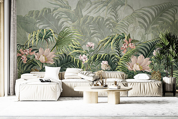 Um papel de parede com flores e folhas Um papel de parede com flores e folhas