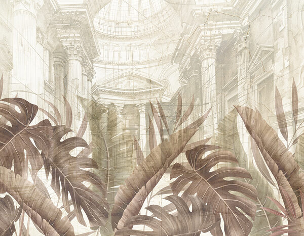 Uma pintura de folhas e um edifício Uma pintura de folhas e um edifício