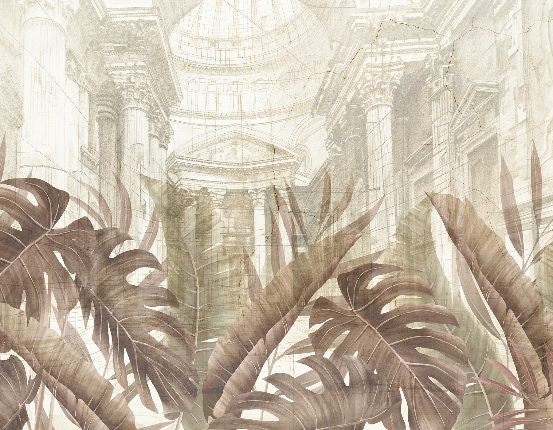 A painting of leaves and a building