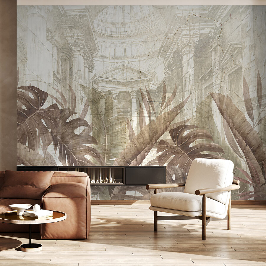 Uma pintura de folhas e um edifício