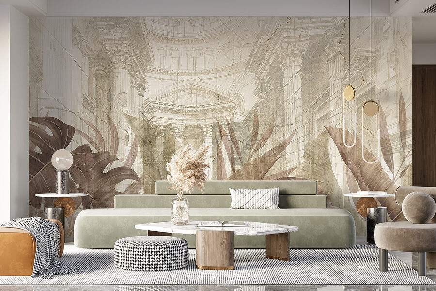 Uma pintura de folhas e um edifício