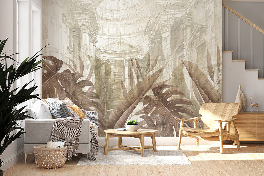 Uma pintura de folhas e um edifício