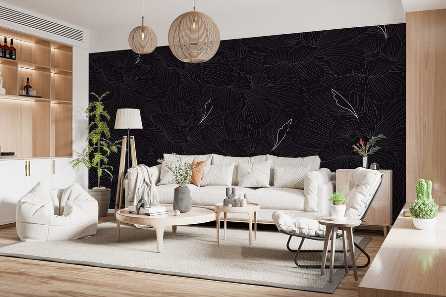 Um padrão floral a preto e branco