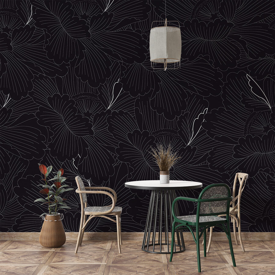 Um padrão floral a preto e branco