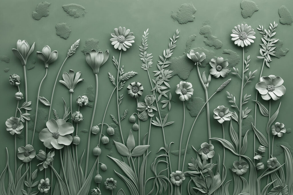 Uma escultura cinzenta de flores e plantas Uma escultura cinzenta de flores e plantas