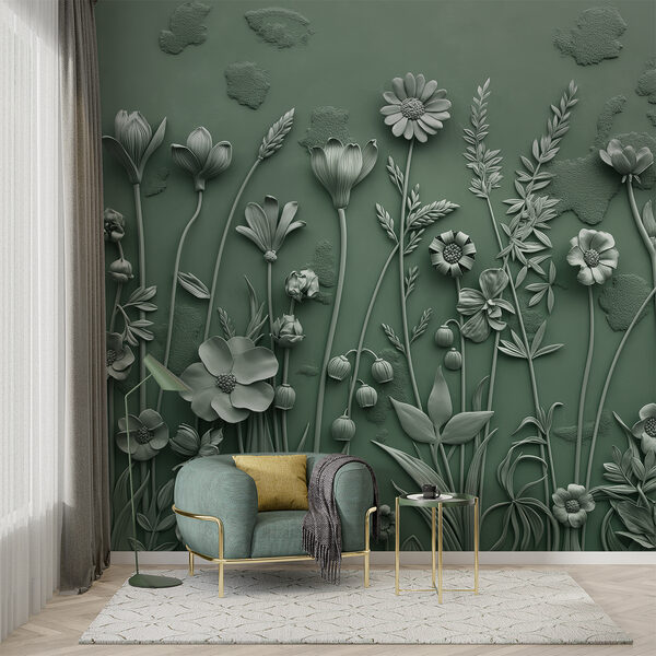 Uma escultura cinzenta de flores e plantas Uma escultura cinzenta de flores e plantas